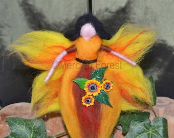 Sunflower Fairy Needle Felted Lamma Pagan Decoration, Lughnasadh Pagan Decoration, Handmade Hanging Decoration Gift Flower Fairy