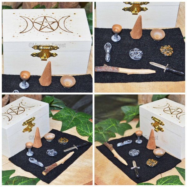 Mini Travel Altar Set, Witches Altar Set, Wiccan Altar Set - Hand Pyrographed Box - Triple Moon Pentacle