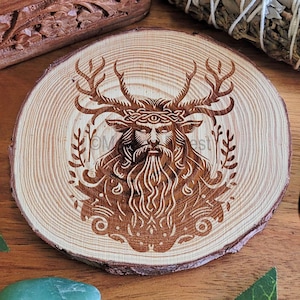 Cernunnos Horned God Altar Tile, Wood Slice Decoration Carnonos Karnonos Altar Decoration