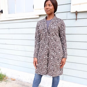 Grey Terrazo Print Organic Cotton Fleece Coat- Fleece Duster, Fleece Cardigan -Fair Trade and Handmade