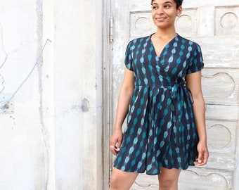 Black, Blue and Green Cotton Wrap Dress with Pockets- Geometric Print - Fair Trade- Handmade