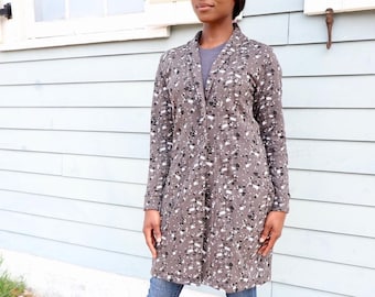 Grey Terrazo Print Organic Cotton Fleece Coat- Fleece Duster, Fleece Cardigan -Fair Trade and Handmade