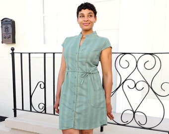 Green Striped Cotton Button Up Dress with Pockets: Fair Trade & Handmade- Great Gift For Her