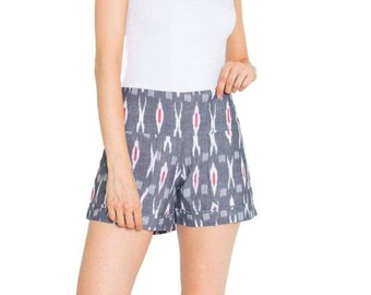 Grey, Red and White XO Print Cotton High Waisted Shorts- Fair Trade & Ethical Fashion, Great Gift for Her