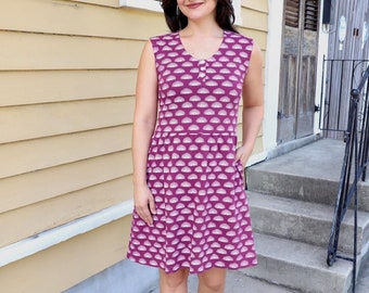 Purple Sleeveless Printed Organic Cotton Sun Dress with Pockets, Sun Print, Fair Trade, Sustainable Dress