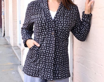 Black White Geometric Print Organic Cotton Fleece Cardigan - Short Coat with Pockets - Fair Trade and Handmade - Passion Lilie - Winter Coat