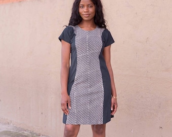 Navy Geometric Print Organic Cotton Shift Dress: Fair Trade, Handmade, Perfect Gift for Her