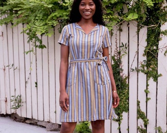 Grey and Blue Striped Retro Inspired Fit and Flare Cotton Dress- Fair Trade and Handmade- Perfect Gift for Her