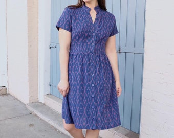 Royal Blue Button Down Cotton Dress with Pockets, Fit and Flare Dress, Fair Trade, Handmade, Perfect Gift for Her, Passion Lilie