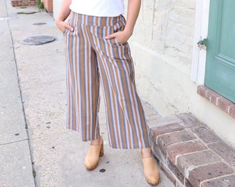Organic Cotton Cropped Palazzo Pants: Handwoven Ikat Stripe