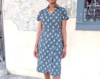 Blue and White Geometric Print Cotton Button Up Wrap Dress with Pockets- Fair Trade & Handmade- Great Gift For Her