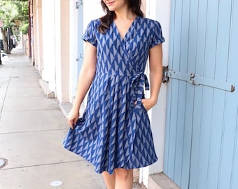 Blue & White Cotton Wrap Dress, Ikat Dress, Fair Trade, Handmade, Perfect Gift for Her, Passion Lilie