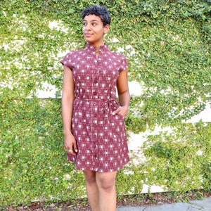 Red and White Geometric Print Cotton Button Up Dress with Pockets: Fair Trade & Handmade- Great Gift For Her