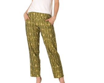 Olive Green Ikat Cotton Pants w/ Geometric Pattern - Narrow Leg Pants- Fair Trade- Handmade