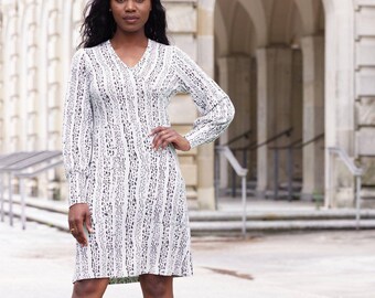 Slate Grey w/ Black Geometric Print Organic Modal Dress with Pockets & Bell Sleeves- Perfect Gift for Her- Fair Trade - Handmade