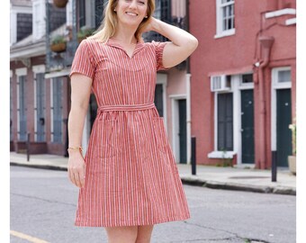 Red Striped Retro Fit and Flare Cotton Fair Trade Dress with Pockets - Perfect Gift for Her