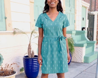 Teal Geometric Cotton Dress with Pockets- Perfect Gift for Her- Fair Trade - Handmade- Short Sleeve Dress with Pockets