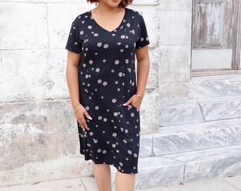 Black & White Floral Organic Cotton Dress with Pockets, Short Sleeve Dress- Perfect Gift for Her- Fair Trade - Handmade