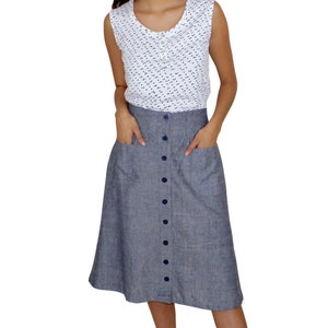 Grey Chambray Cotton Midi Skirt, Button Up Skirt with Pockets- Fair Trade - Handmade