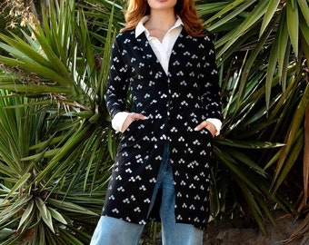 Organic Fleece Duster Cardigan: Black and White Diamond Print, Fair Trade