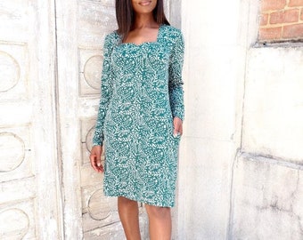 Green Floral Print Long Sleeve Organic Shift Dress- Fair Trade and Handmade- Perfect Gift for Her