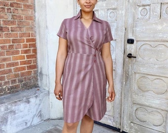 Purple Striped Cotton Button Up Wrap Dress with Pockets- Fair Trade & Handmade- Great Gift For Her