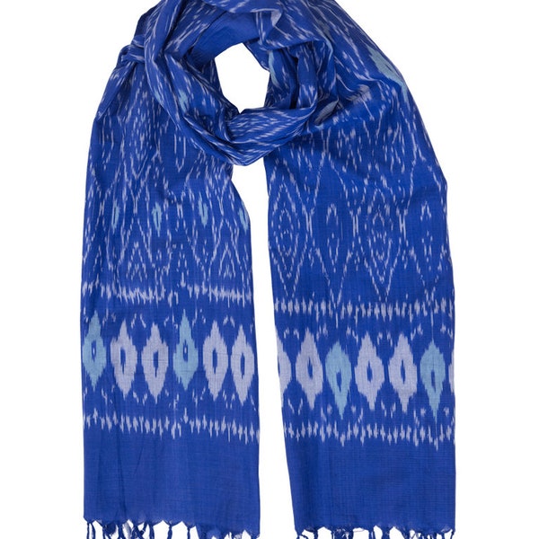 Royal Blue & White Cotton Geometric Ikat Cotton Scarf with Tassels- Fair Trade, Gift for Her, Gift for Him