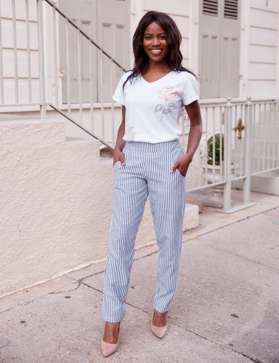 Wide-leg Pants - Light blue/white striped - Ladies | H&M US