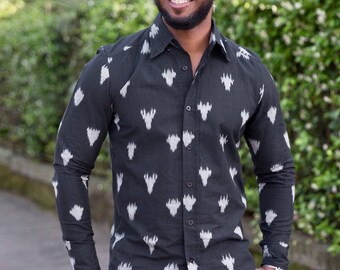 Men's Black with Grey Triangle Print Long Sleeve Cotton Button Down Shirt- Fair Trade