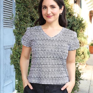 Black and White Geometric Print Top, Organic Modal Top, Fair Trade, Summer Fashion, Eco Fashion, Short Sleeve Top, Block Printed Top