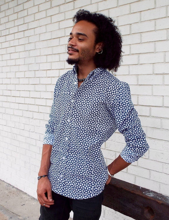 fair trade mens dress shirts Men's Blue and White Geometric Print Long Sleeve Button Down Cotton Shirt- Fair Trade