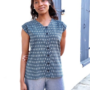 Dark Navy Printed, Cotton Button Down Blouse, Fair Trade - Handmade - Great Gift For Her