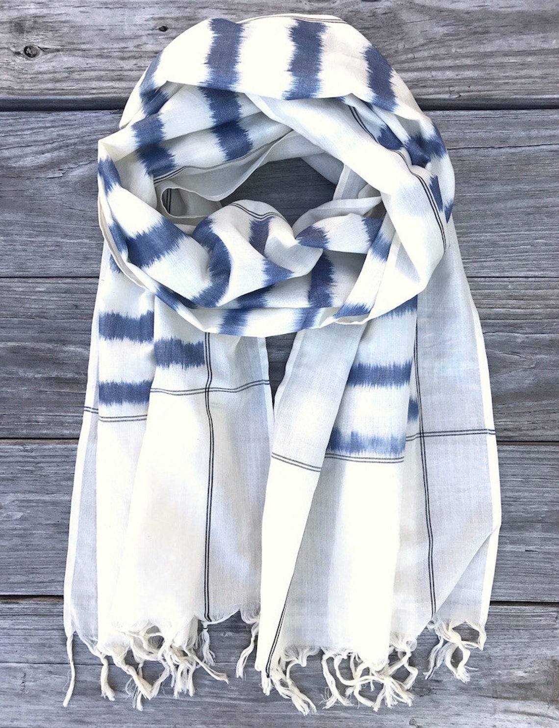 Blue & White Handmade Striped Cotton Scarf with Tassels Etsy