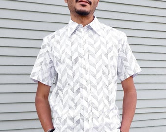 Men's White w/ Navy Geometric Arrow Print Short Sleeve Button Down Cotton Shirt- Fair Trade