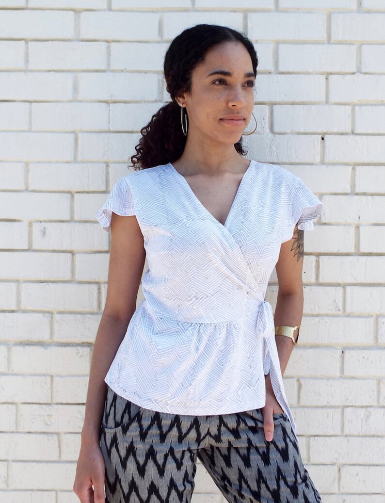 Grey and White Geometric Organic Jersey Cotton Wrap Shirt Fair Trade and Handmade Perfect Gift for Her