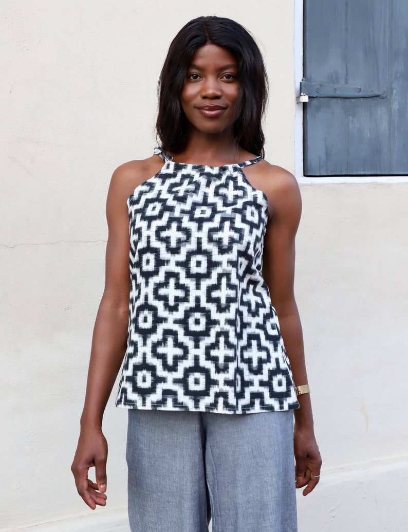 Black and White Geometric Fair Trade Cotton Tank Top with Open Back: Fair Trade, Gift for Her image 1