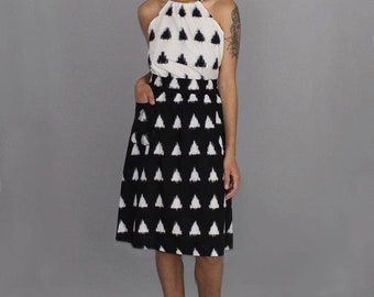 Black and White Triangles Geometric Cotton Midi Skirt- High Waisted- Fair Trade - Handmade
