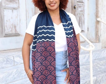Navy Blue & Pink Hand Block Printed Modal Scarf