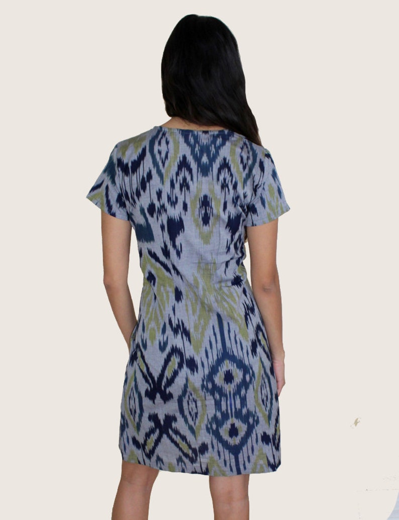 Fair Trade Blue and Green Geometric Print Ikat Cotton Shift Dress Perfect Gift for Her