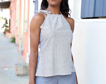 White and Black Pinstripe Cotton Tank Top / Open Back /Fair Trade & Handmade / Festival Fashion / Eco friendly clothing