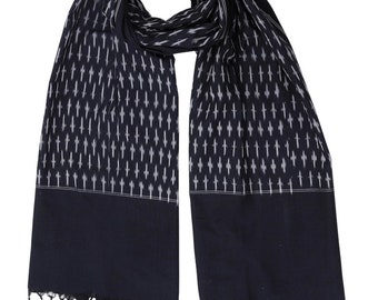 Navy Blue & White Geometric Cotton Handmade Scarf with Tassels- Perfect Gift for Her