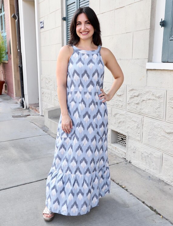 chinese dress ladies Scarlett & Jo Verity Blue Ikat Maxi Dress