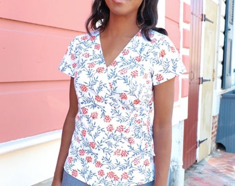 White & Coral Floral Print Organic Modal Wrap Top- Short Sleeve Shirt- Sustainable Fashion, Handmade, Perfect Gift for Her