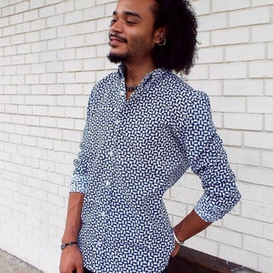 Men&#39;s Navy with White Geometric Print Long Sleeve Cotton Button Down Shirt- Fair Trade