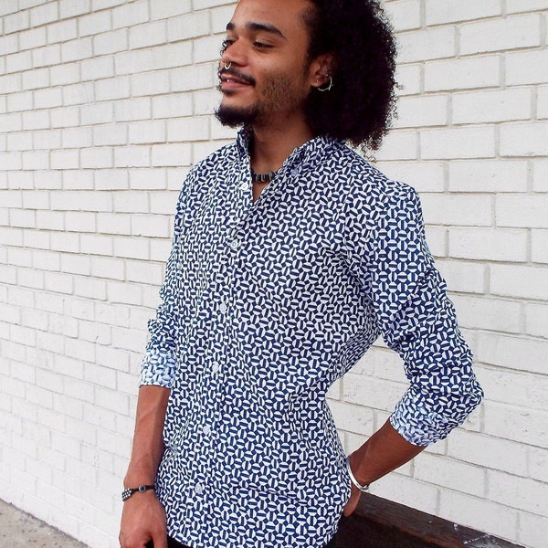 Men's Navy with White Geometric Print Long Sleeve Cotton Button Down Shirt- Fair Trade