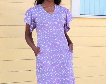 Purple and Blue Floral Organic Jersey Cotton Dress with Pockets and Ruffle Sleeves - Fair Trade