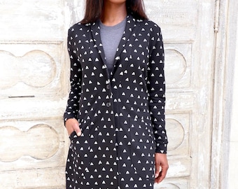 Organic Fleece Duster Coat: Black and White Triangle Print, Fair Trade