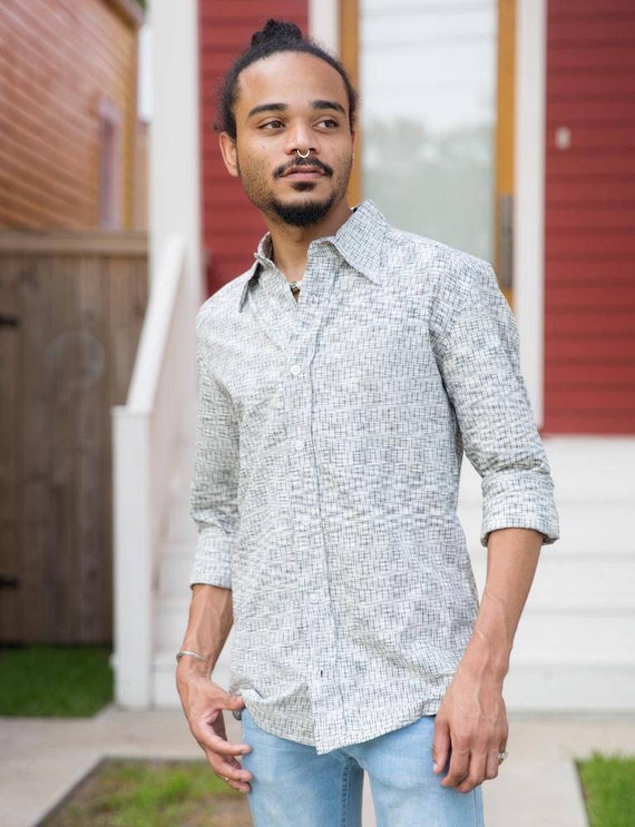 fair trade mens dress shirts Grey and Black Men's Long Sleeve Button Down Ikat Cotton Shirt- Fair Trade