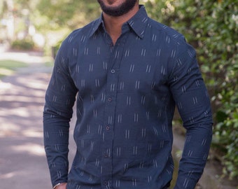 Men's Organic Cotton Long Sleeve Shirt: Navy Blue Block Print, Fair Trade