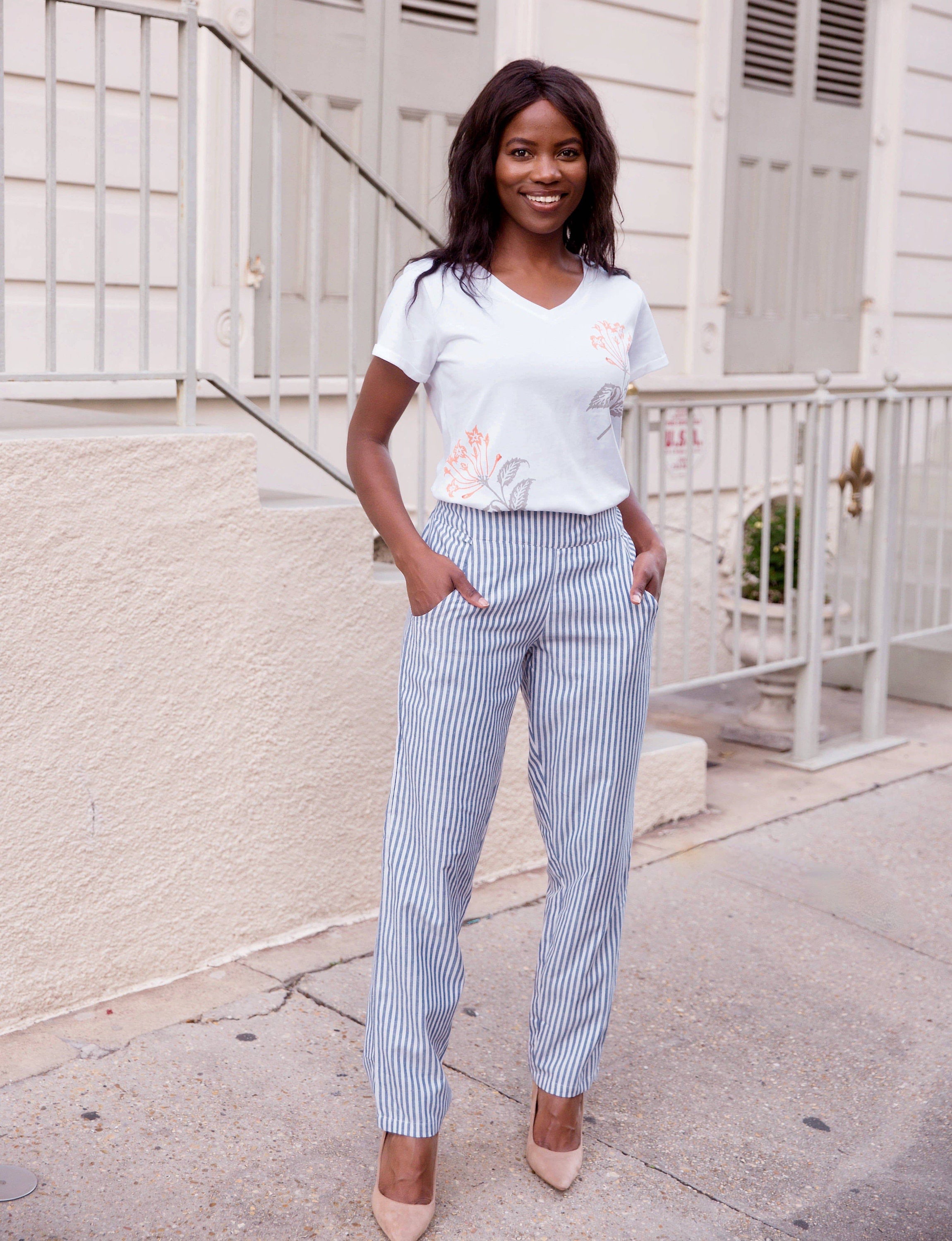 Blue and White Striped Pencil Pants Narrow Leg Pants Straight Leg